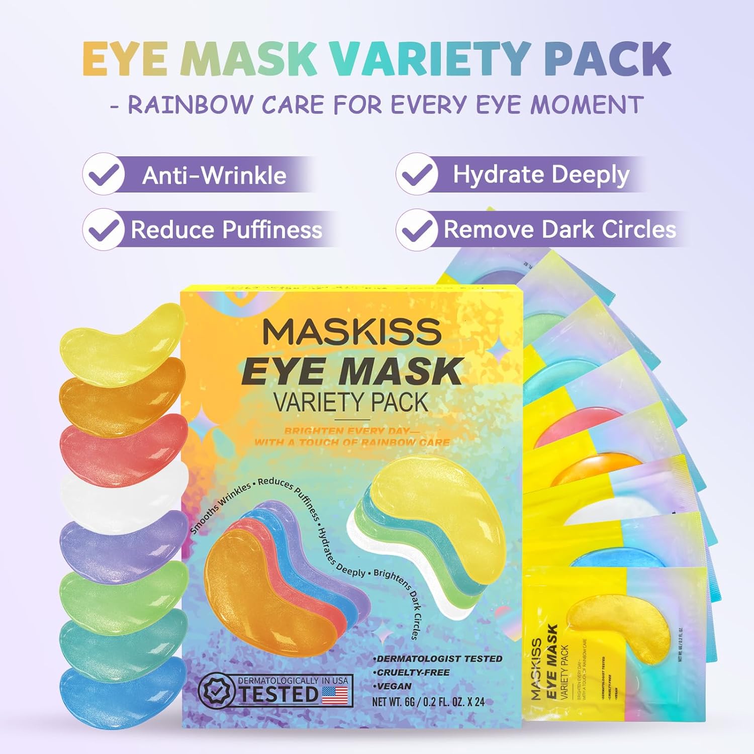 Maskiss Under Eye Patches Variety Pack (48 Pairs), Eye Masks for Dark Circles Puffy Eyes Undereye Bags With 8 Colors (6 Pairs/Color), Vegan Eye Skin Care Set for Bachelorette Party Favors